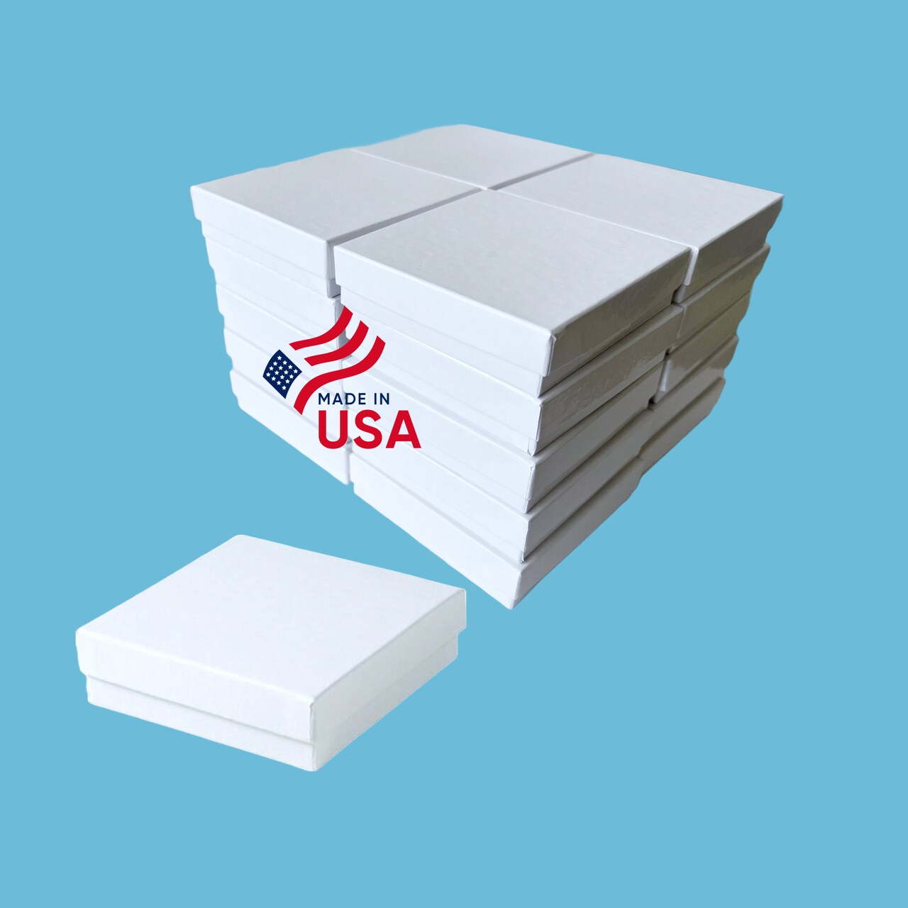 MADE IN USA - 20 Boxes - White Gloss Jewelry Boxes with Cotton Filling - 3.5"x3.5"x7/8"